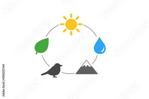 Nature cycle shows sun, water, leaves, mountains, and a bird indicating the interconnectedness of natural elements during daytime