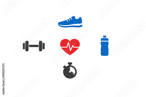 Fitness equipment and symbols collection shows workout essentials for a healthy lifestyle and exercise routine during any time of the day