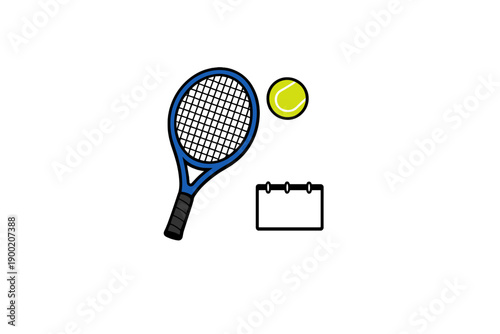 Tennis racket and ball with a calendar showing time for a scheduled match in a simple design