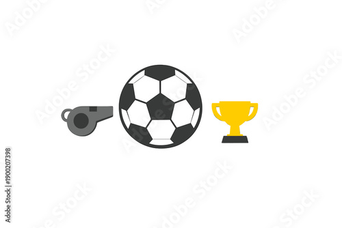 Soccer game elements include a soccer ball, a whistle, and a trophy during a sports event or competition