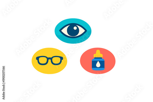 Colorful icons show an eye, glasses, and eye dropper placed on a white background for a visual activity