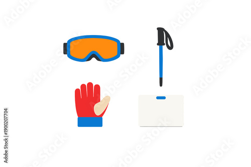 Winter sports gear and accessories for a fun day outdoors in the snow or ski resort in the mountains during the daytime