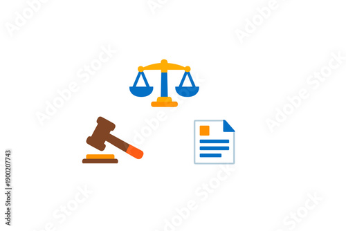 Law symbol with gavel, scales, and document placed together in a simple design format showing elements of legal matters in a clear layout