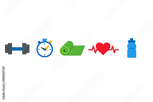 Workout tools and symbols for fitness activities in a gym setting with health focus and time management