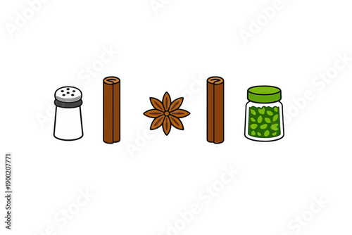 Different types of spices and herbs arranged on a white background including salt, cinnamon sticks, star anise, and dried leaves
