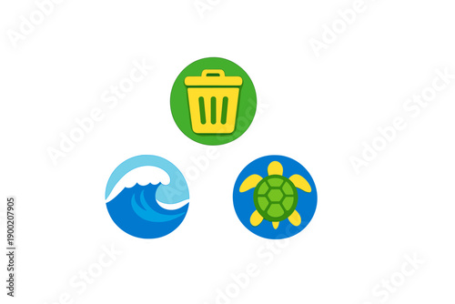 Three simple icons representing trash, waves, and a turtle in a circular design showing concern for the environment and ocean life