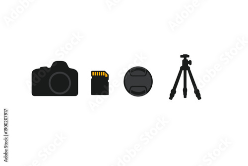 Camera equipment includes a camera, memory card, lens cap, and tripod for outdoor shooting during daylight hours