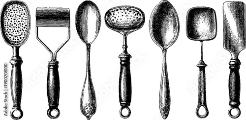 Vintage botanical engraving of kitchen utensils: intricate spatula and spoon collection for retro design