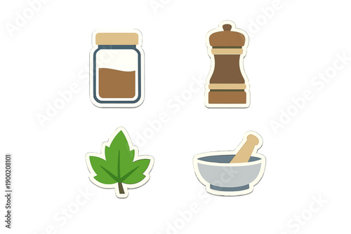 Spices, herbs, and tools for cooking on a white background with a jar, pepper mill, leaf, and mortar