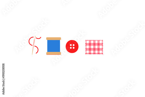 Sewing tools on a plain background with thread, a button, and a piece of fabric, showing items used in crafting and making clothes