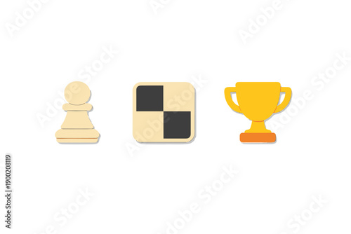 Chess pieces and trophy represent competition and strategy in a board game setting with simple shapes and colors