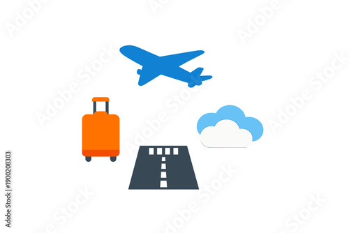 Travel planning with airplane, suitcase, clouds, and runway on a white background for travel enthusiasts looking for adventure