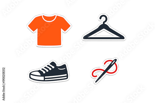 Different clothing items and accessories for casual wear and sewing on a simple white background