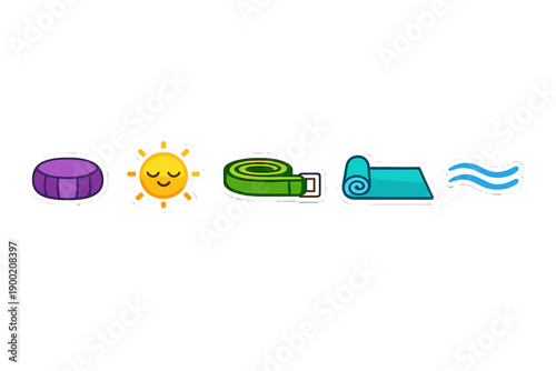 Yoga activity happening under the sun with a purple mat and green yoga belt alongside a water stream during a clear day in a calm outdoor setting