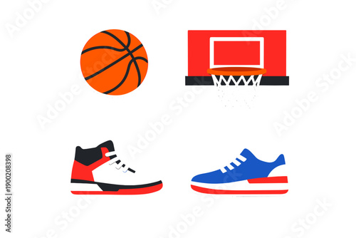 Basketball equipment displayed with a ball and shoes on a simple background, ideal for sports enthusiasts and players