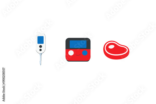 Cooking tools for checking meat temperature on a grill or in an oven with a thermometer, digital monitor, and a steak representation