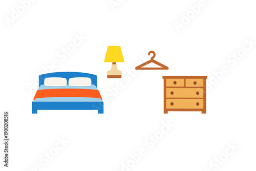 Colorful bedroom setup with bed, lamp, dresser, and clothes hanger in a simple style and design