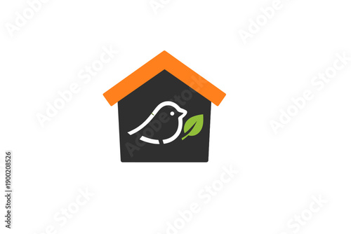 Birdhouse design features a simple bird silhouette with a leaf, suitable for various nature-themed projects and logos