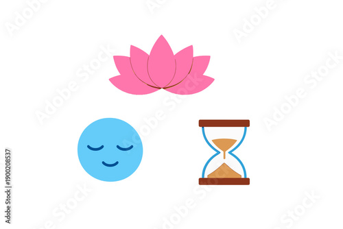 Symbolic representations of mindfulness and time featuring a lotus flower, a serene face, and an hourglass showing moments passing