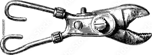 Vintage botanical engraving of tongs gripping mechanism - retro design for print or poster