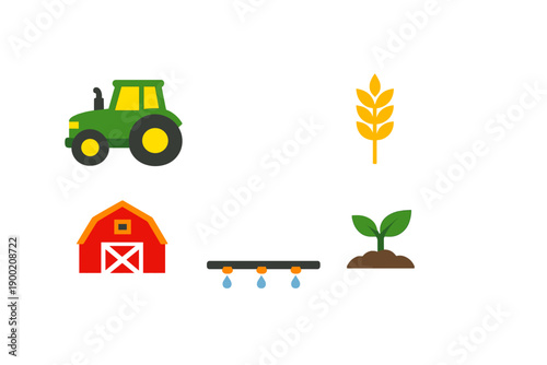 Tractor, farm, crops, and watering system in a rural setting during daytime hours focused on agricultural activities