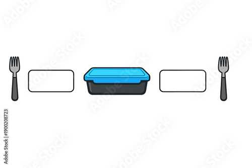 Lunch setup with containers and utensils arranged on a flat surface ready for a meal in a kitchen setting