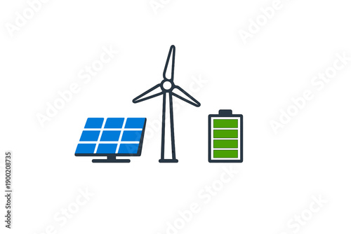 Renewable energy resources include solar panels, a wind turbine, and a battery for energy storage used to support sustainable power generation