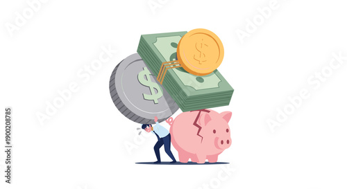Stressed man struggling under the immense weight of stacked money and coins next to a fractured piggy bank.