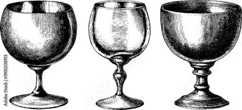 Vintage wine glass and bowl botanical engraving for design and print