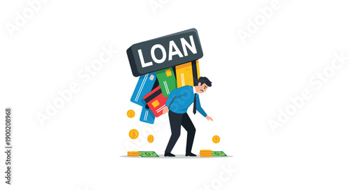 Businessman overwhelmed by a collapsing stack of colorful credit cards and loan debt, with gold coins falling.