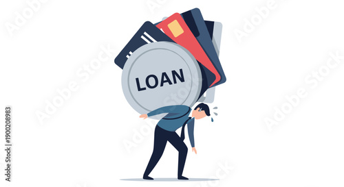 Stressed man burdened by a massive stack of credit cards and a large loan coin on his back.