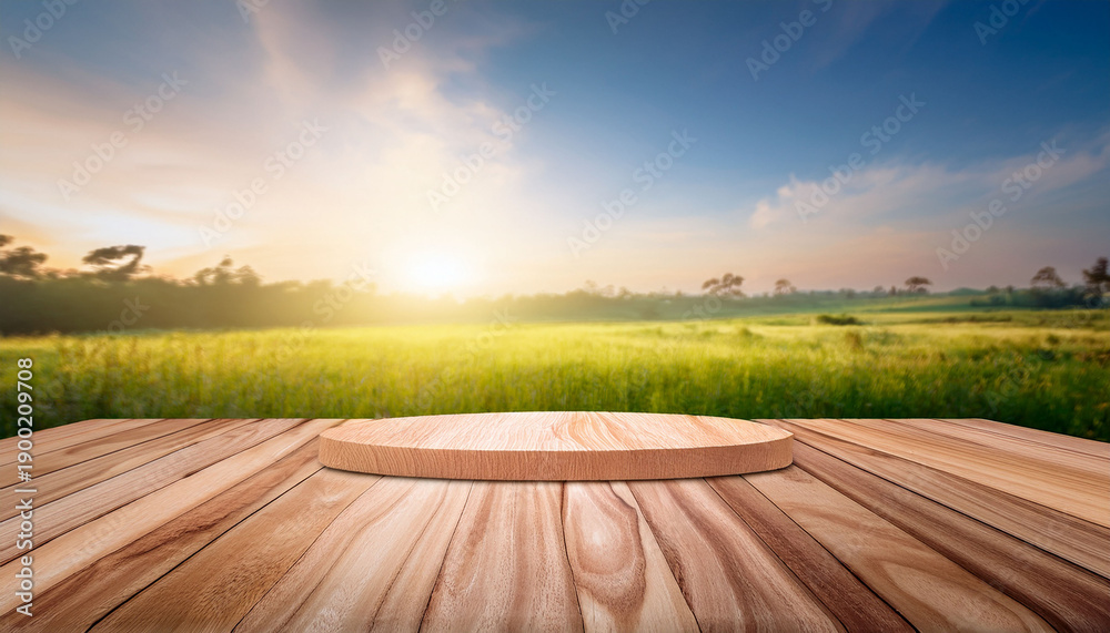 Fototapeta premium Wood Podium In Farm Display For Products On Nature Background Brlured Bokeh