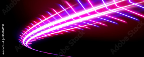 Red and blue neon lines twist along a night cyberpunk highway. Motion streaks create a sense of high-speed futuristic motion. Vector illustration with glowing trails.