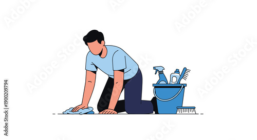Diligent man scrubbing the floor on his knees using a blue cloth, with a bucket of cleaning supplies.
