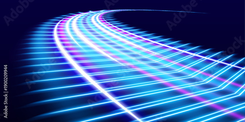 Cyan and purple neon waves flow across a dark urban highway. Motion streaks curve smoothly, showing rapid energy flow. Futuristic vector illustration with glowing lines.