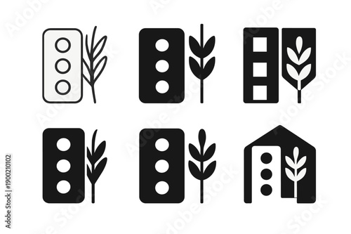Eco Building Icons. Alternative building materials for eco-friendly homes. Icon set. Set Logo of Alternative building materials for eco-friendly homes: straw