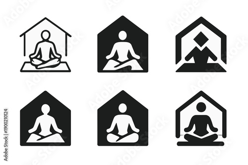 Home Yoga Logos. Fitness at home. Icon set. Set Logo of Fitness at home: person doing yoga pose on mat. harmonious logo variations of the same emblematic