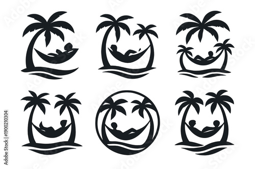 Tropical Hammock Logos. A traveler relaxing in a hammock between two palm trees, on a tropical island. Icon set. Set Logo of A traveler relaxing in a hammock