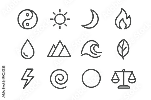 Natural Balance Icons. Balance in nature. Line icon set of balance in nature: yin-yang symbol, sun, moon, fire, water, mountain, ocean wave, leaf, lightning