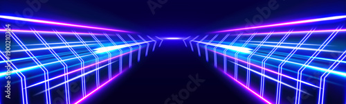 Cyan and purple neon waves flow along a night cyberpunk street. Motion trails create a sense of fast futuristic energy. Vector illustration with glowing ribbons.