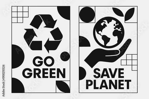 Eco-Friendly Banners. Environmental Conservation. Two vertical A6 banners with safe margins, centered composition, no elements touching edges, bauhaus, black
