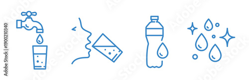 drinking water icons, tap with clean water, bottle and glass, line vector art