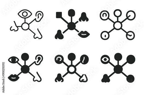 Sensory Neurons Logos. How our senses work. Icon set. Set Logo of How our senses work: sensory neurons network. harmonious logo variations of the