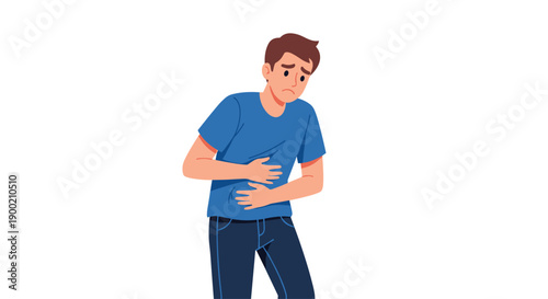 Man suffering from abdominal discomfort, hunching slightly and holding his stomach with a worried expression.