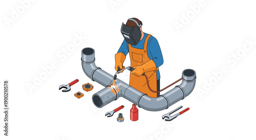 Skilled welder in an orange apron and helmet actively joining components of a complex industrial pipe system.