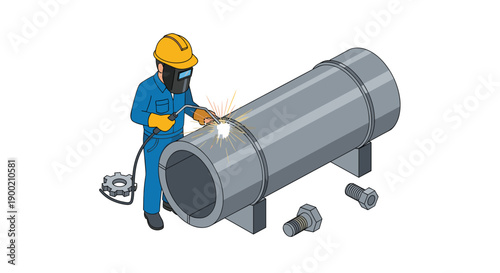 Welder in blue overalls and hard hat actively fabricating a large industrial metal pipe with sparks flying.