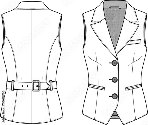 Women's Tailored Waistcoat Technical Fashion Flat Sketch with Belt, Vector Illustration