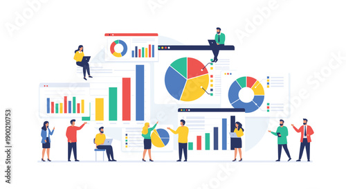 Diverse team of professionals analyzing various data visualizations, bar charts, and pie graphs for business insights.
