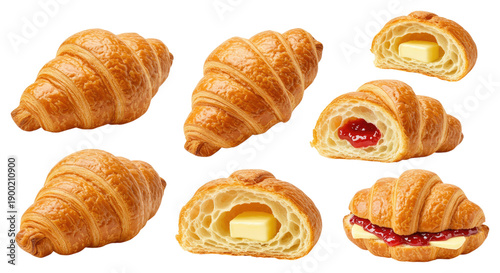 Golden flaky croissants and filled variants with butter and red jam on a transparent background, showing laminated layers, airy interior and a croissant sandwich