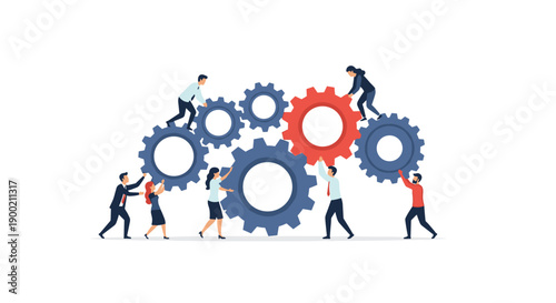 Diverse team collaborating to assemble a large interlocking gear system, symbolizing teamwork and synergy.